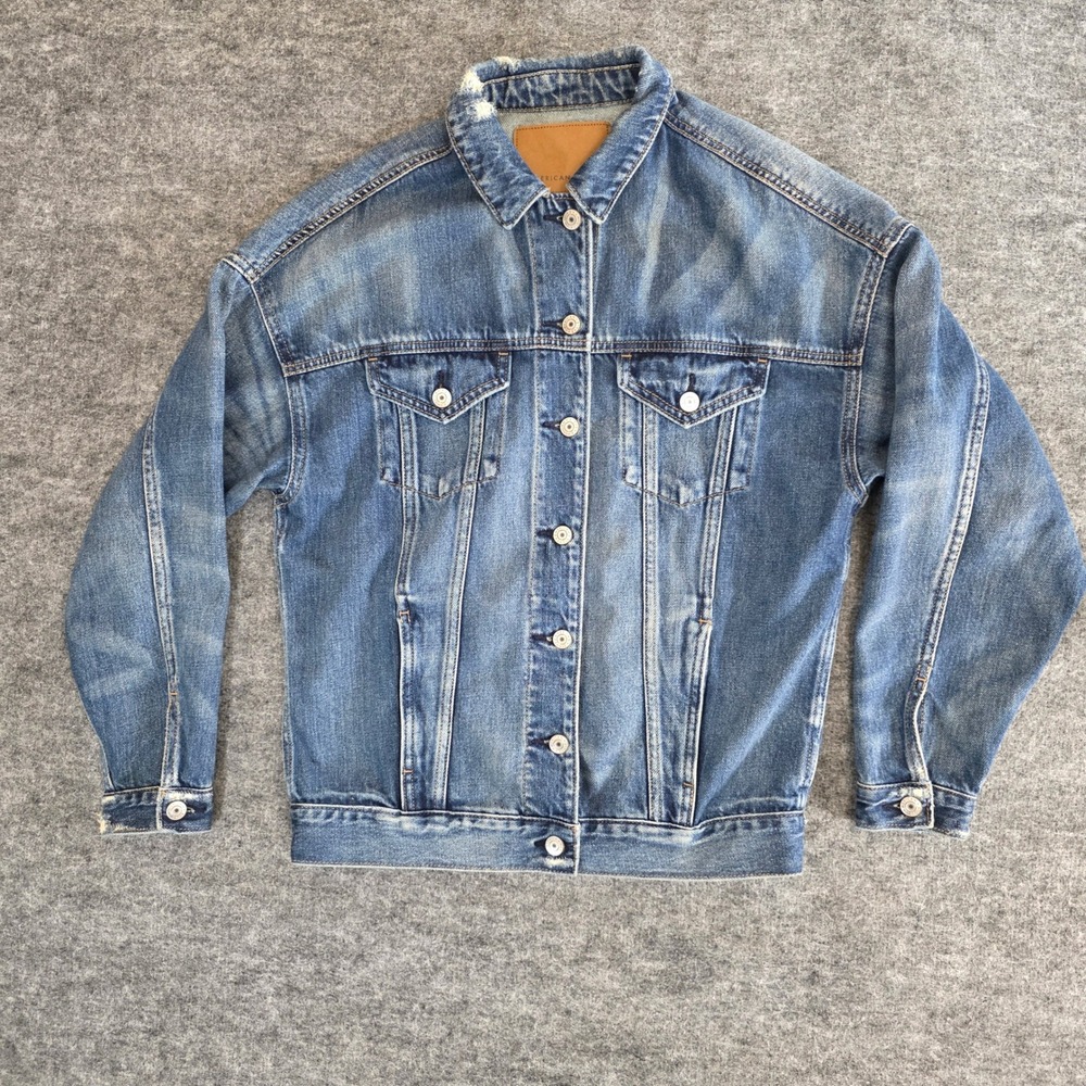 American Eagle Jacket Womens XS Blue Denim Distressed‎ Button Front Trucker Coat